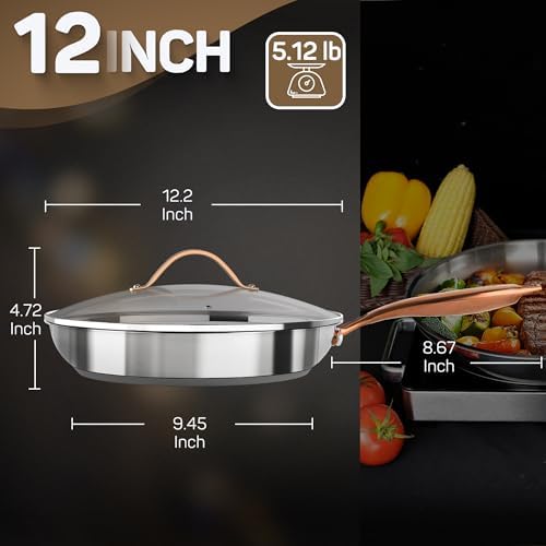 12 Inch Tri-Ply Stainless Steel Frying Pan with Lid, Professional Quality Skillet Suitable for All Stove, Oven and Dishwasher Safe, PFOA PTFE PFOS Free, Fast and Even Heating - Thumbnail 3