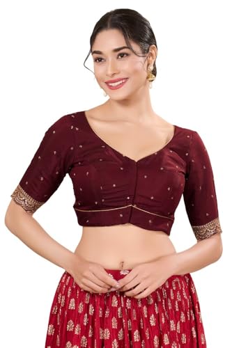 Image of Vamas Women's Silk Padded Self Design Half Sleeve Readymade Saree Blouse (X-1209.ELB)