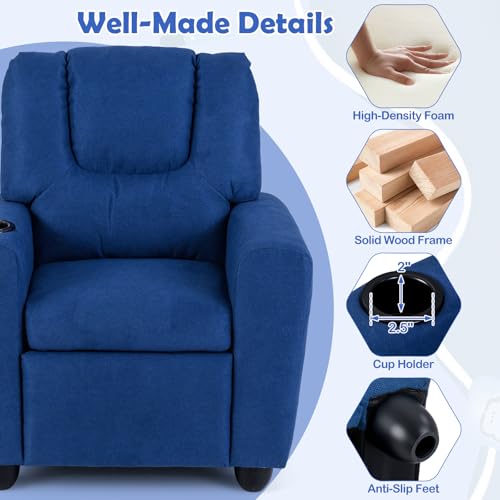 Image of Kids Recliner, Toddler Lounge Chair w /Cup Holder, Wide Armrest, Kids Sofa w /Adjustable Footrest, Comfy Toddler Recliner Chair for for Boys & Girls 3 + (Fabric, Blue)