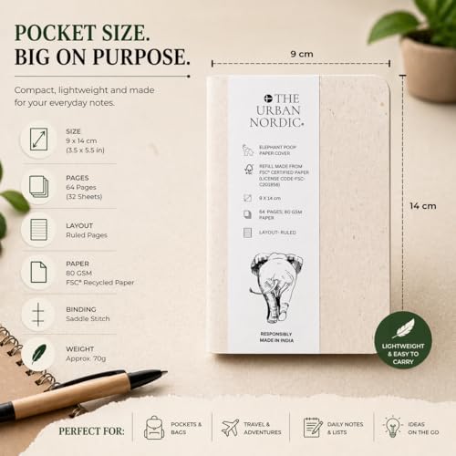 Image of Elephant Poop Pocket Notebook (9 x 14 cm) Pack of 10 | Unique Mini Journal for Gifting & Daily Notes | 64 Ruled Pages | Recycled Paper
