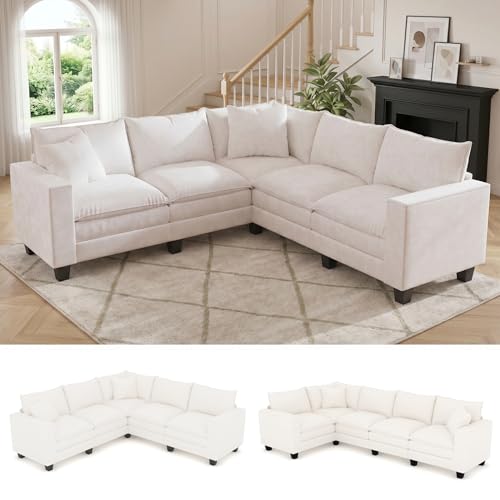 Image of 97 inch L Shaped Sectional Couch, Comfy Chenille Cloud Couch, Convertible V Shaped Corner Couch, 5 Seat Modular Cloud Sofa with 2 Pillows & Storage Armrests, Sectional Couches for Living Room, Beige