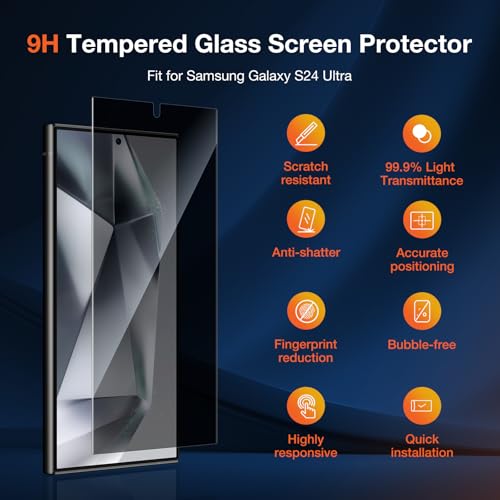 Image of KUZOOM 2 Pack Privacy Screen Protector for Samsung Galaxy S24 Ultra, Anti-Spy Private Protective Film, 100% Fingerprint Unlock, 9h+ Tempered Glass, Automatic Dust Removal, Anti-Scratch Protection