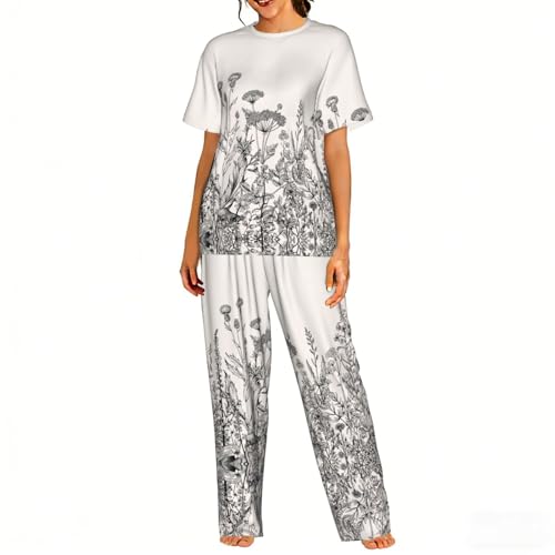Pyjama doux femme aux motifs botaniques et herbes florales pour la nuit