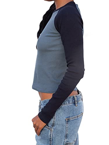 Women´s Y2k Long Sleeve Crop Top Contrast Color Pullover Crew Neck Slim Fit Blouse Tops E Girl Streetwear2