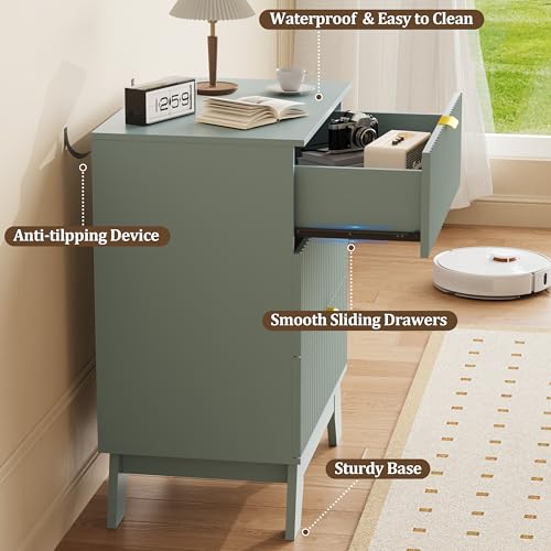 Image of Fluted Nightstand Sets of 2 with 3 Large Drawers, Wooden Side End Table with Elevated Legs for Easy Cleaning, Sturdy Modern Beside Table for Small Space, Bedroom, Green, 24 inch L