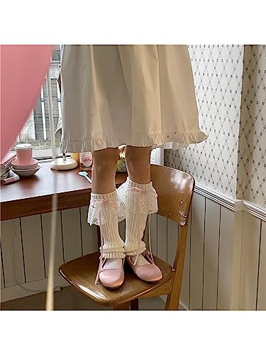 OYOANGLE Women's 1 Pair Lace Trim Bow Rib Knit Leg Warmers Y2K Kawaii Long Socks for 80s Party Dance3