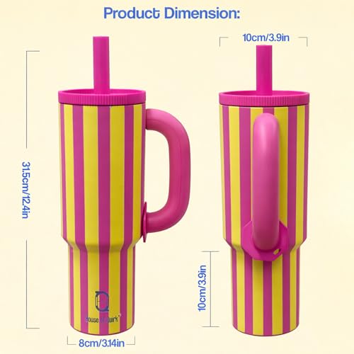 Image of House of Quirk 1200ml Stainless Steel Tumbler with Handle, Straw & Straw Cap | Leakproof Water Bottle | Large Capacity Travel Mug (Pink Lemonade)