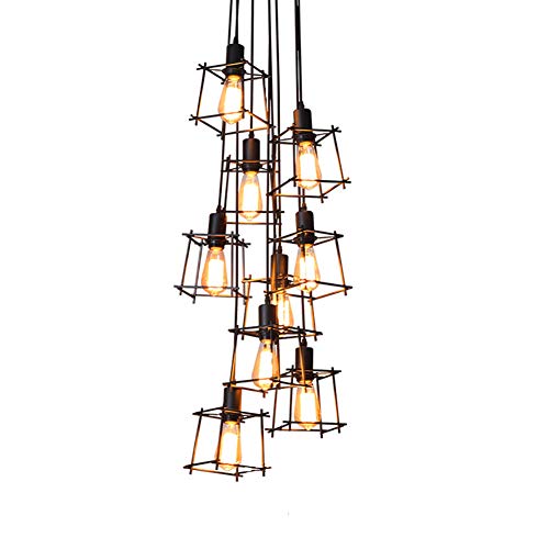 Millésime Industriel 10-lumières Pendant Light Unique Fil De Suspension Lumière Suspendue Noir Réglable Métal Rectangle Lampe De Plafond Pour Cuisine Couler Bar-Rotation d’escalier noire 9 têtes
