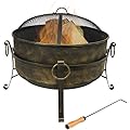 Sunnydaze 24-Inch Cauldron Style Outdoor Fire Pit Bowl - Outdoor Wood Burning Fire Pit with Spark Screen, Log Poker, and Wood Grate
