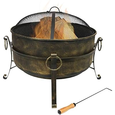 Sunnydaze 24-Inch Cauldron Style Outdoor Fire Pit Bowl - Outdoor Wood Burning Fire Pit with Spark Screen, Log Poker, and Wood Grate