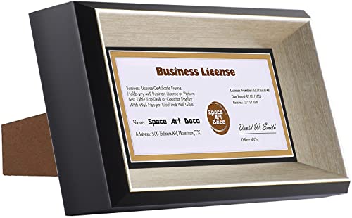 Space Art Deco, 5X10 Business License Frame With Black Over Gold Double Mat For 4X9 Picture- Black Color With Silver Champagne, Beveled Edge - Table Easel Stand - Real Glass (5X10 For 4X9, 1-Pack) #TOP2