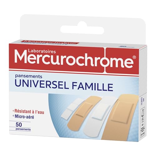 MERCUROCHROME - Pansements Universel Famille - 50 Pansements - 3 tailles - 2 Couleurs différentes - Protection optimale - Résistants à l'eau - Adapté à Différentes Tailles de Plaies