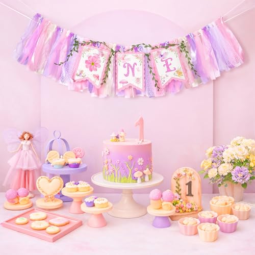 Image of Kriyokiaa Fairy First Birthday High Chair Banner One High Chair Banner Girl Photo Backdrop Fairy First Birthday Decorations for Girl Wall Hanging Decorations for Kids Bedroom