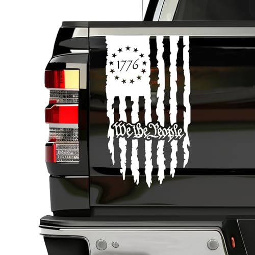 Image of GRITKULTURE We The People Distressed American Flag Decal Vinyl for Trucks, Cars, Tailgate, Windows Preamble of The US Constitution fits Most Pickup Trucks-Rear USA Flag Car Sticker (White)