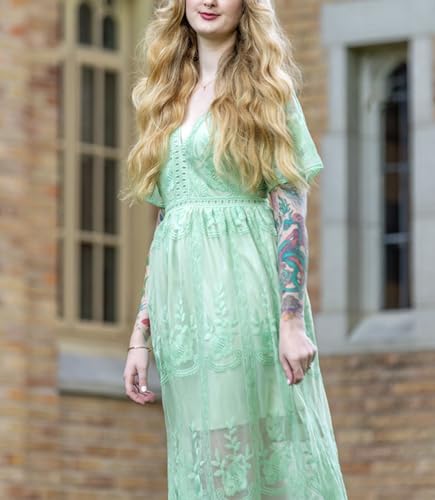 Image of LRISES Womens Lavender V Neck Embroidered Floral Lace Wedding Dress Short Sleeve Slit Bridesmaid Cocktail Party Maxi Dress