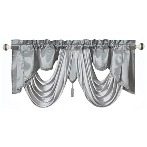 GOHD Valarie Fancy Window Valance. 54 x 18. Taffeta Fabric with Soft Satin Swag. Add Some Royal luxruy Accent to Your Home. (Grey) Cover