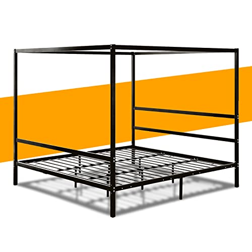 VINGLI King Canopy Bed, Heavy Duty Bed Frame King Size Platform Bed Frame with Headboard, 4 Poster Bed King, Black