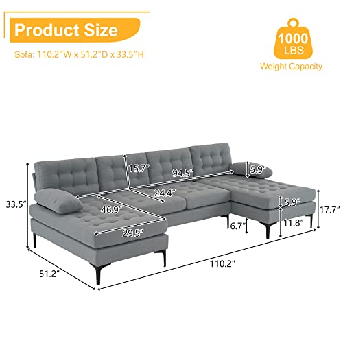 Karl Home Sectional Sofa 110" U-Shape Sofa Couch Linen Fabric Upholstered Sectional Sofa With Double Chaises & Metal Legs, Lattice Decorated, For Living Room, Apartment, Studio, Office, Light Gray #TOP1