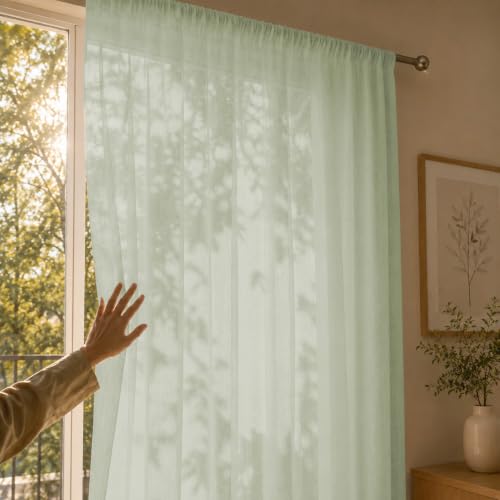 Image of LINENWALAS Aesthetic Sheer Curtains 8 Feet Long Set of 2, Poly Linen Shrink & Fade Proof Drapes for Semi Long Door, Semi Transparent Modern Panels with Rod Pocket Hanging for Living Room (Sage Green)