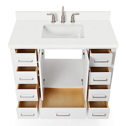 Ariel 43" Inch White Bathroom Vanity W/ 1.5" Inch Edge Pure White Quartz Countertop & Backsplash | Rectangular Sink | 2 Soft Closing Doors And 9 Full Extension Dovetail Drawers | Satin Nickel Pulls #TOP5
