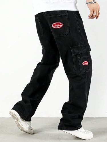 OYOANGLE Men's Cargo Jeans Embroidered Flap Pocket Straight Leg Denim Cargo Pants2