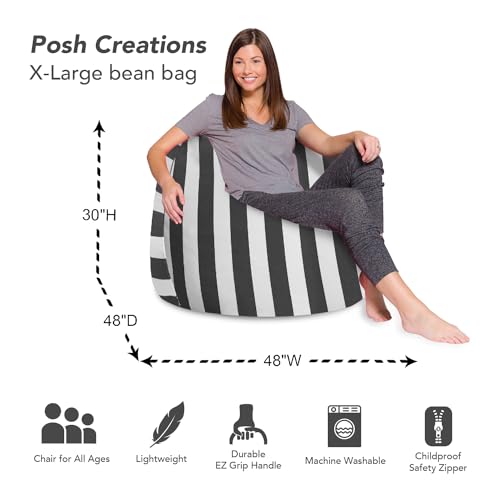 Posh Creations Bean Bag Chair for Kids, Teens, and Adults Includes Removable and Machine Washable Cover, Canvas Stripes Gray and White, 48in - X-Large - Image 4