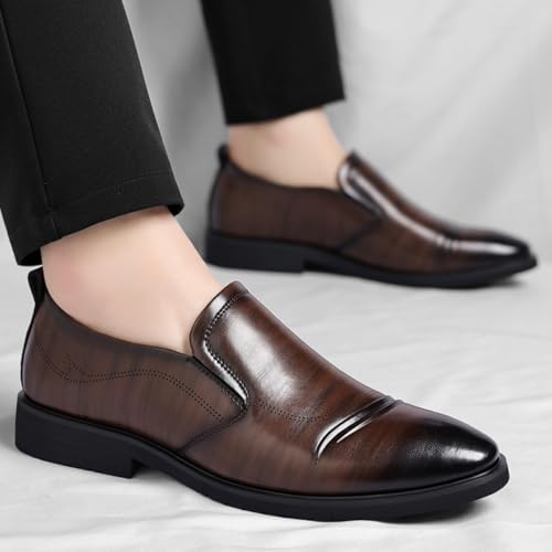Men's Perforated Breathable Slip - On Loafers, Leather Dress Shoes with Pointed Toe, Derby Style. Ideal for Outings, Parties, Weddings and Other Formal Occasions Brown Black4