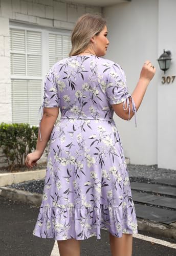 Image of Keluummi Plus Size Summer Wedding Guest Midi Dresses for Curvy Women, Floral V Neck Party Sundress