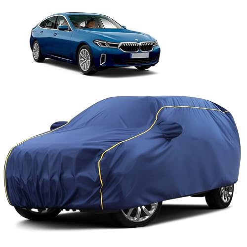 Image of Sulfar 100% Water Resistant Car Body Cover Compatible with Mirror for BMW 6GT (Triple Stitched, Full Bottom Elastic, Blue Taffeta with Yellow Piping)