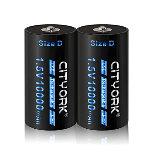 CITYORK Pilas de Litio Recargables D, 10000mAh 1.5V Celda D Recargable Micro USB Baterías con Cable de Carga Tipo C(2 Unidades) Cover