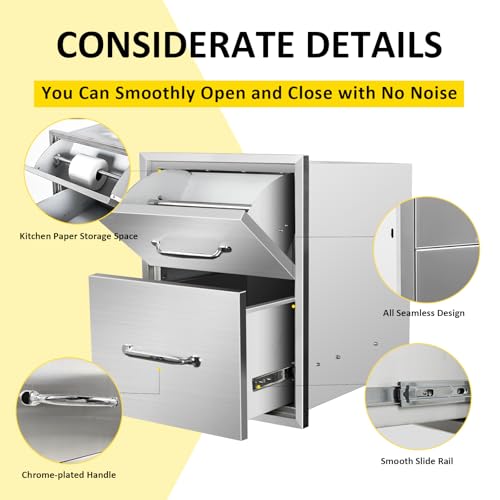 Image of Outdoor Kitchen Drawers with Paper Towel Holder 16 inch W x 20 inch H x 20 inch D Flush Mount BBQ Drawers with Chrome Handle,Stainless Steel Built-in Double Access Drawers for Outdoor Kitchen Island