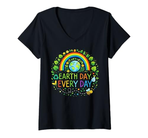 Women's Pretty Earth Day Every Day Rainbow with Trees Earth Day V-Neck T-Shirt