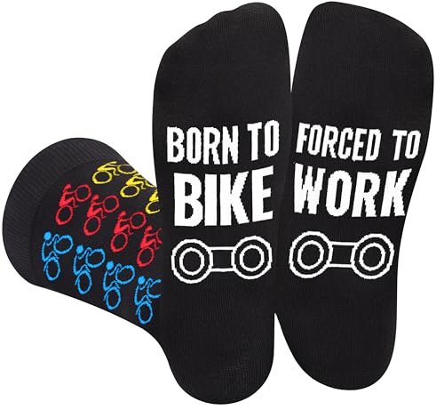 Funny Bike Socks for Men Women Dad Teenage Boys - BORN TO BIKE FORCED TO WORK Novelty Fun Funky Happy Silly Sports Socks for Cyclist - Bikerider Fathers Day Birthday Gifts Christmas Stocking Filler