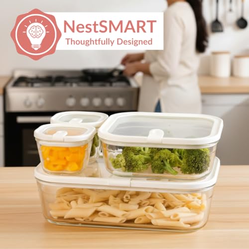 Image of Nestasia Vento Glass Containers with Lid Set of 4 (220ml x 2, 1320ml x 1, 2500ml x 1) - Microwave, Refrigerator & Dishwasher Safe Containers with Air Vent Lid for Fridge Storage (Cream)