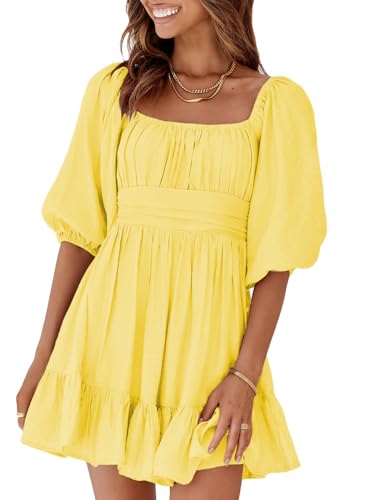 Dokotoo Women's Square Neck Yellow Dress Tie Back Off The Shoulder Dresses Lantern Sleeve Ruffle A-Line Dress Shirred Elastic Waist Casual Mini Dresses Beach Vacation Essentials Medium