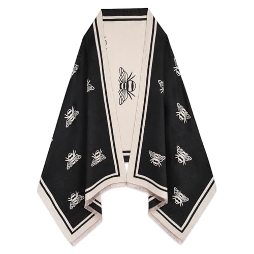 EXTREE Scarfs for Women Pashmina Silky Shawl Wrap for Evening Dressing Blanket Open Front Poncho Cape Aib-black-khaki-bee