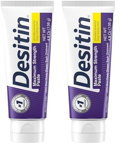 Desitin Maximum Strength Baby Diaper Rash Cream, 40% Zinc Oxide for Treatment, Relief & Prevention, Hypoallergenic, Phthalate- & Paraben-Free Paste, Protects Skin for 12 Hours, 4.8 oz (Pack of 2)