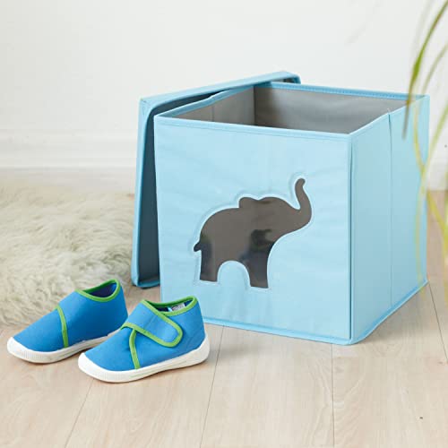 LOVE IT STORE IT Aufbewahrungsbox mit Deckel - Kallax Einsatz aus Stoff - Verstärkt mit Karton - Quadratisch - Hellblau mit Elefant - 30x30x30 cm