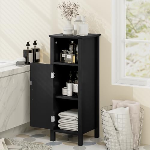 LUARANE Wooden Bathroom Floor Storage Cabinet, Side Storage Organizer Cabinet with 1 Door Open Shelf Adjustable Shelves, Small Free Standing Sideboard for Entryway Living Room Kitchen (Black) - Thumbnail 2