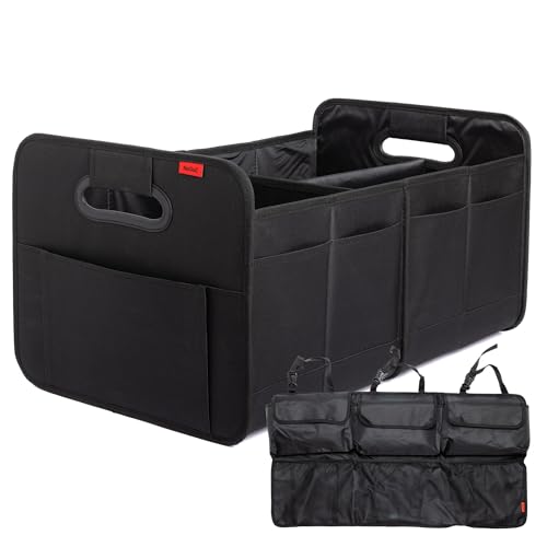 NoGuZ - 2 borse per bagagliaio Premium con organizer (versione rinforzata) – Scatola pieghevole per auto da 35 litri e borsa per bagagliaio per sedile posteriore con molto spazio – Borsa per auto