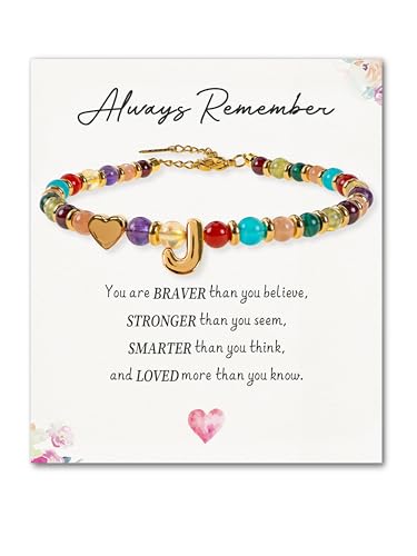SENLLY Crystal Initial Bracelet, Meaningful Gift for Women Crafted with Natural Stone & 3D Initial Bead J, Adjustable for Mom Daughter Sister Wife Friend - image 1