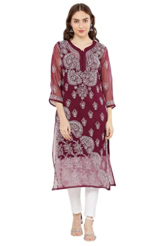 Image of FAWOMENT Women's Designer Straight Georgette Hand Embroidered Lucknowi Chikankari Kurta Designed in Side Jhaar Pattern Alongwith Slip