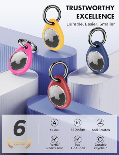 Image of UNBREAKcable Holder for Apple AirTag - 4 Pack [Fit Tightly Design] [Easy to Install] [Hold Air Tag Securely] Waterproof TPU Shell Protective Case with All Metal Keychain Key Ring Clip