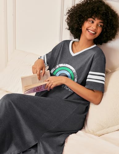 Image of Ekouaer Nightgowns for Women Long Nightgown Plus Size Moo Moos House Dress | Color Block Sleep Dress, Short Sleeve Sleepwear, V Neck Loungewear, Oversized Lounge Dress, M-5XL, Daily Wear, Sleep, Home