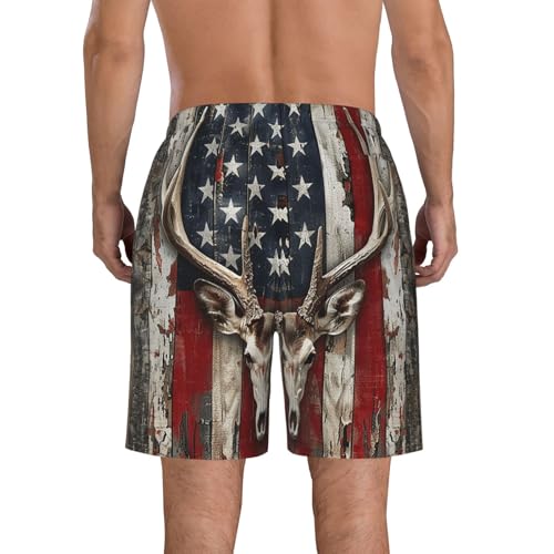 Men's Quick Dry Swim Shorts Deer Skull Old Wooden American Flag Vintage Beach Trunks with Pockets2