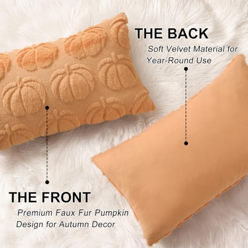 Image of decorUhome Fall Decorative Pumpkin Throw Pillow Covers 12x20 Set of 2, Soft Faux Fur Plush Farmhouse Accent Pillow Cases for Couch Bed Sofa Autumn Harvest Halloween Holiday Home Decor