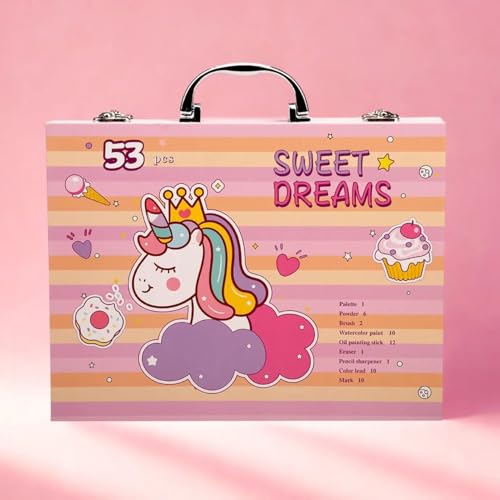 Image of Sweet Dreams Art Set, 53 Pieces, Unicorn Theme, Includes Palette, Powder, Brush, Watercolor Paint, Oil Painting Stick, Eraser, Pencil Sharpener, Color Lead, Pink Carry Case