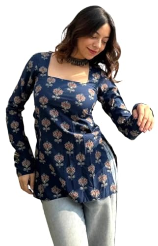 Image of FELISIA Women's Full Sleeves Rayon Printed Square Neck Short Kurti, Bell Sleeves, Short Kurti for Women, Stylish Ethnic Top, Daily Casual Western & Office wear