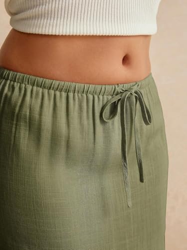 EARKOHA 2025 Women's Summer Maxi Skirt Drawstring Low Waist A Line Linen Long Flowy Skirts Olive Green M3