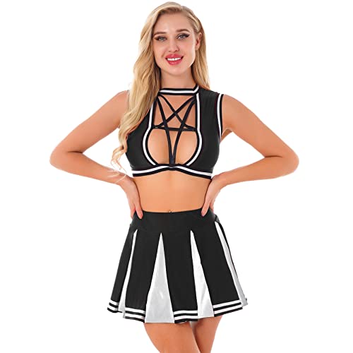 inlzdz Femme Ado Uniforme Pom Pom Girl Costume High School Déguisements Adultes Cheerleading Hautes Mini Jupe Plisée de Danse Sport Ensemble Cosplay Halloween Carnaval H Noir S Cover